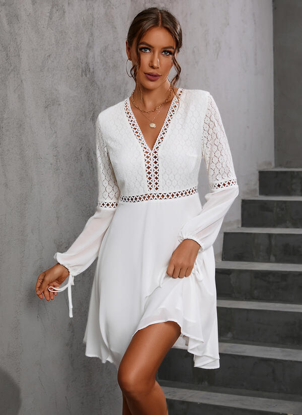 V-neck Long Sleeve Lace Stitching Dress