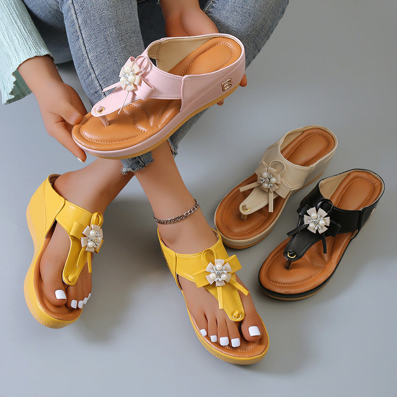 Flower Pearl Sandals Women Fashion Clip Toe Flip Flops Shoes Wedges Beach Shoes