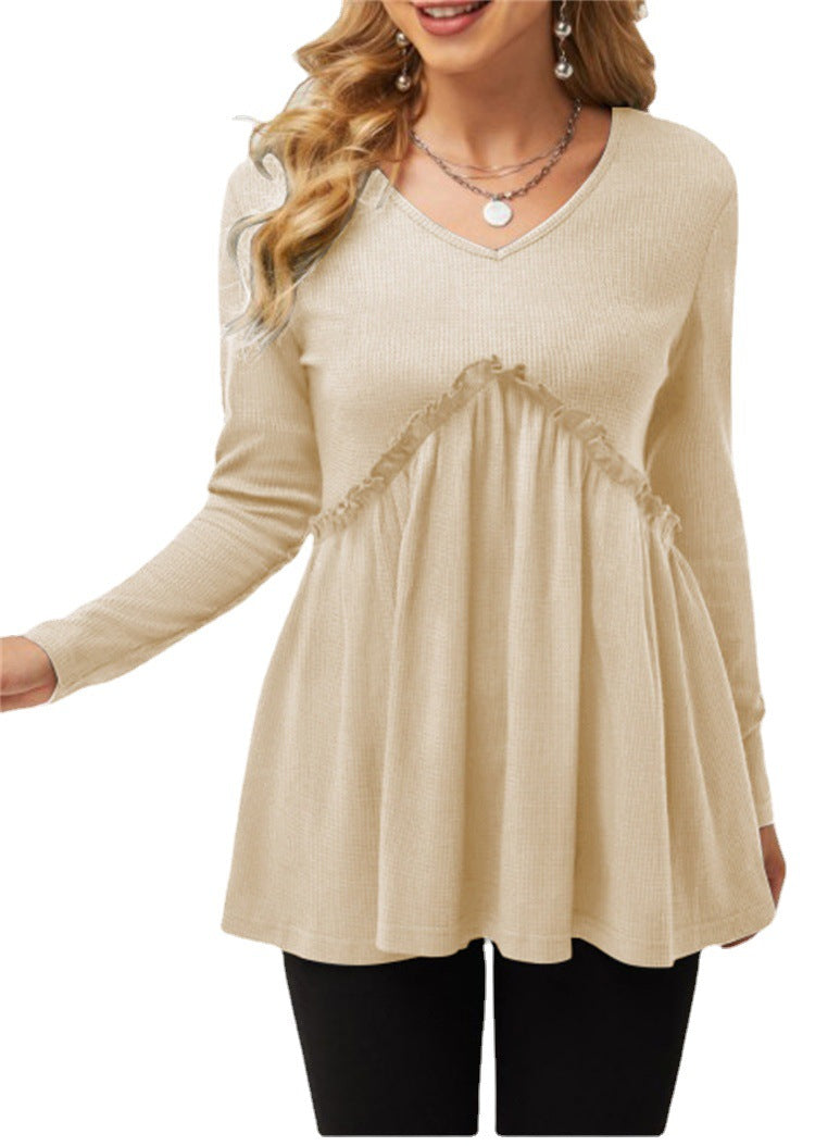 New Loose Ruffled Folded Loose V-neck T-shirt