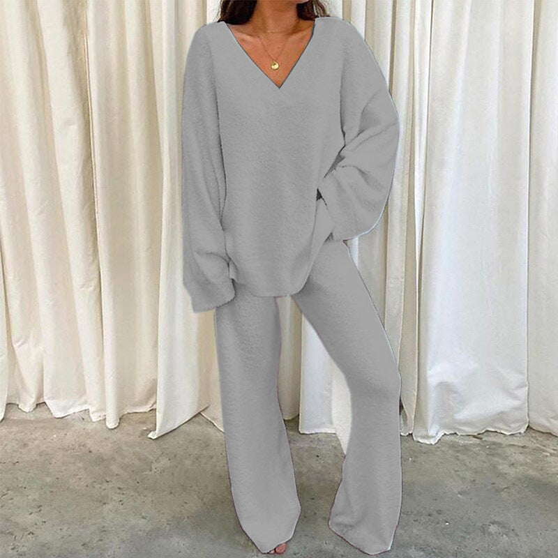 Cozy V-Neck Solid Color Casual Two-Piece Set for Daily Comfort at Home