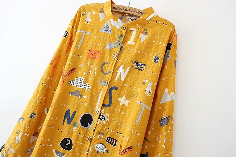 Loose Large Size Mid-Length Long-Sleeved Shirt for Women with Cartoon Print
