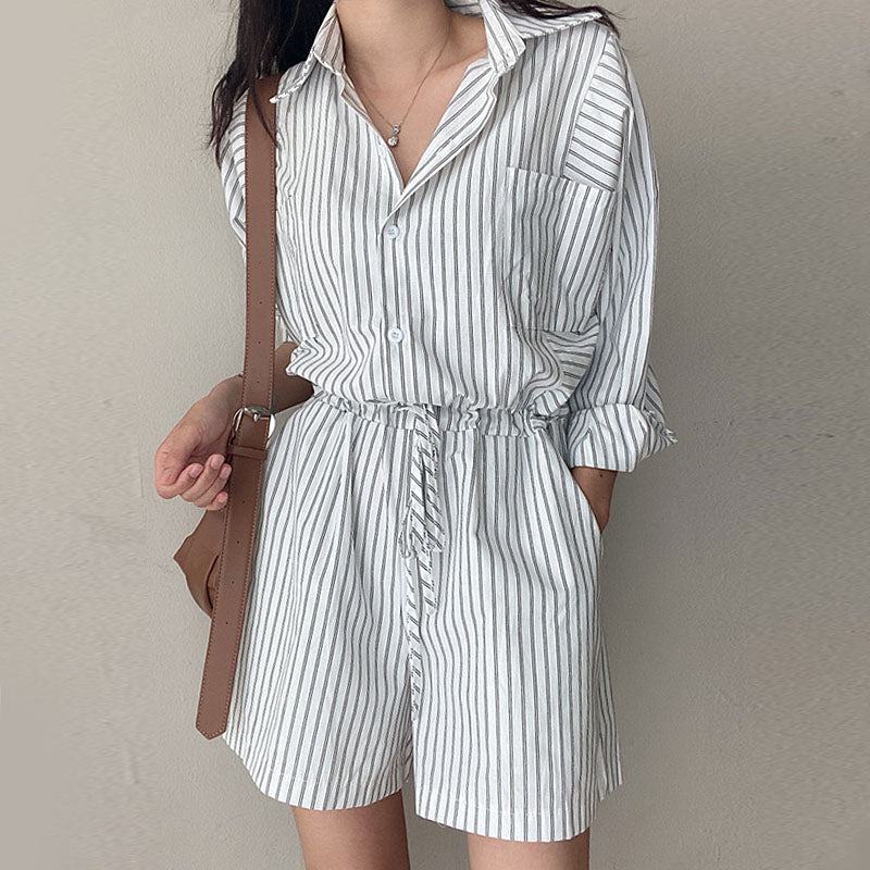 Women's Single Breasted Tie Waist Striped Shirt Style Jumpsuit