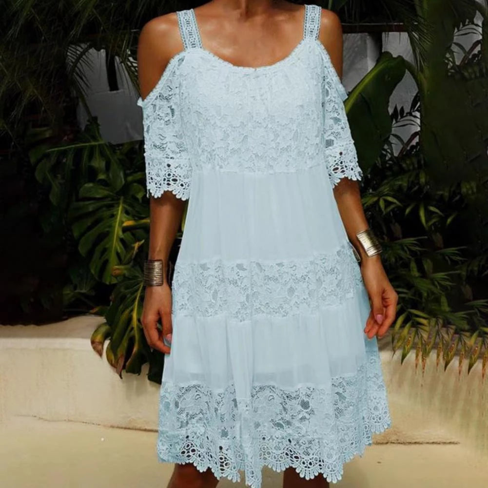 European And American Women's Clothing New Summer Chiffon Lace Stitching Vacation Style Solid Color Off-the-shoulder Strap Dress