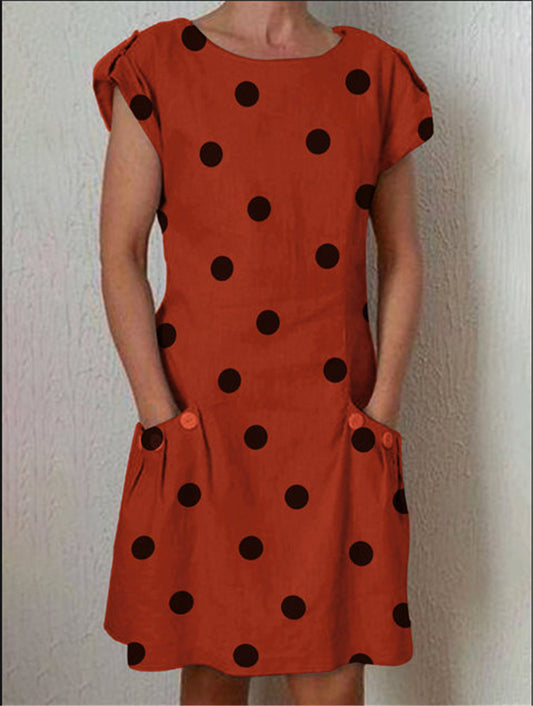 Printed Polka Dot Short Sleeve Dress with Crew Neck and Adjustable Patch Pockets