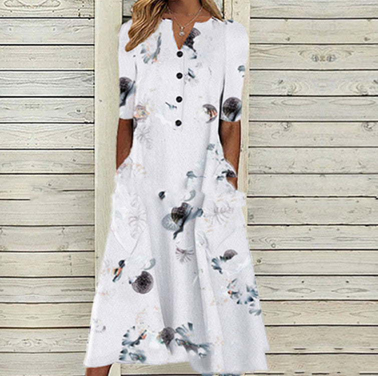 Printed Pocket V-Neck Loose Casual Long Dress for Women