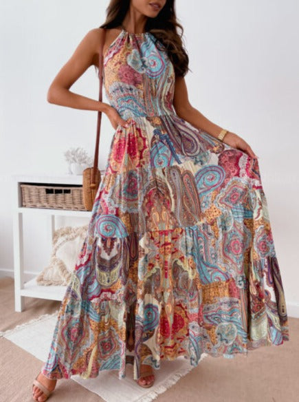 New Fashion Sexy Floral Halter Dress Bohemian Long Skirt