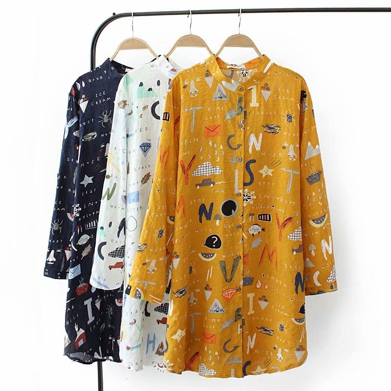 Loose Large Size Mid-Length Long-Sleeved Shirt for Women with Cartoon Print