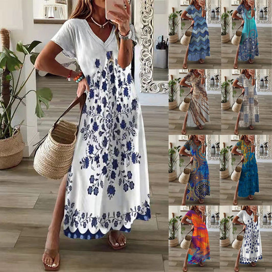 Loose Casual Short Sleeve Dress with Printed Design for Women