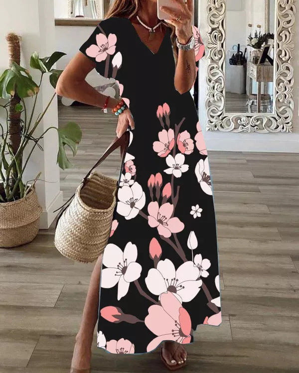 Mid-Length Casual Loose Dress with Digital Print, V-Neck, and Short Sleeves