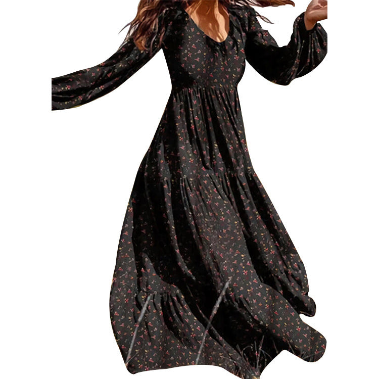 Women's Casual Chiffon V-Neck Pullover Dress with Large Swing and Elegant Temperament