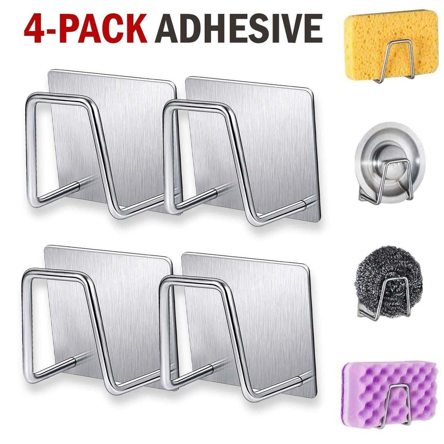 Set of 4 Adhesive Sponge Holders Sink Caddies for Kitchen Accessories in Stainless Steel