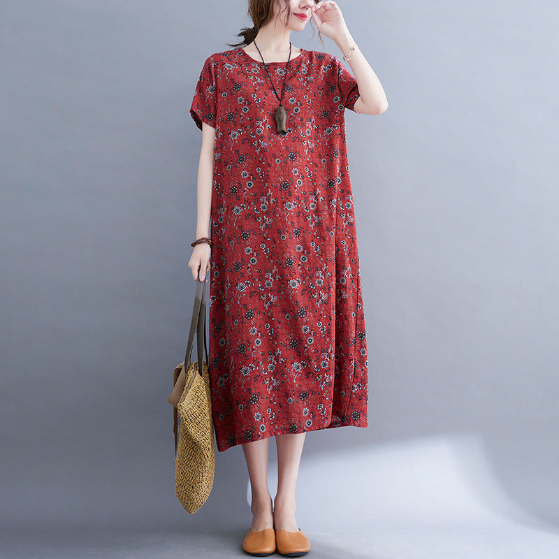 Literary Loose Cotton And Hemp Printed Round Neck Short-sleeved Dress For Women