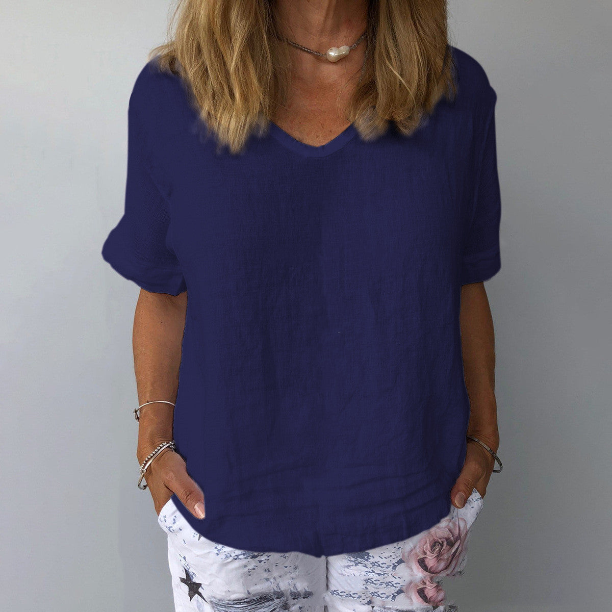 Loose Casual Top in Solid Color, Short-Sleeved, and Made of Cotton and Linen