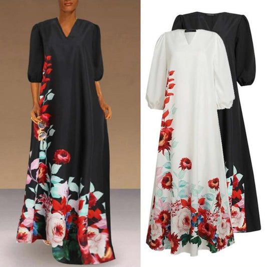 Puff Sleeve Dress with V-Neck for Plus-Size Women, Featuring a Positioning Flower Long Skirt