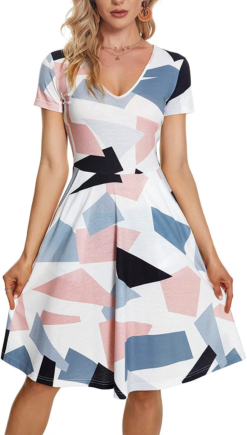 Women's V-Neck Pocket Print Swing Skirt