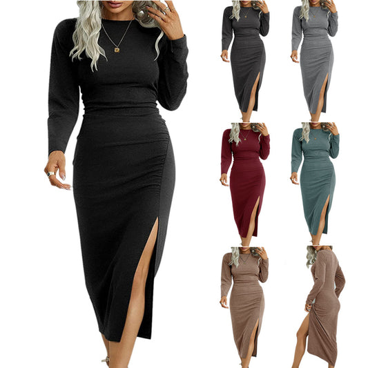 Slim Fit Long Sleeve Dress with a Round Neck, Solid Color, and a Stylish Split for a Touch of Elegance and Temperament.