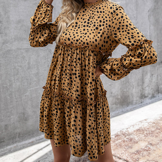 Women's Long-sleeved Dress with Milk Spotted Fungus Pattern