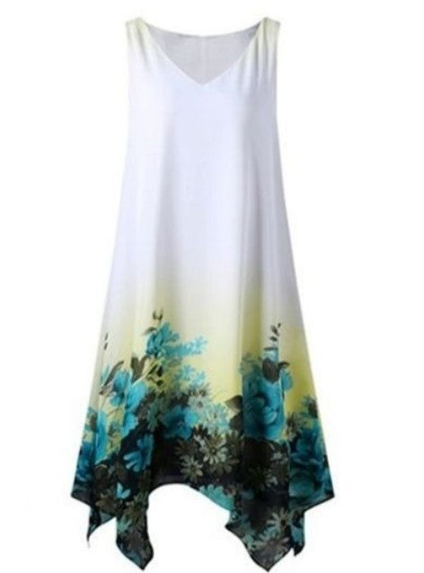 Large Size Women's Sleeveless V-neck Chiffon Positioning Flower Irregular Dress