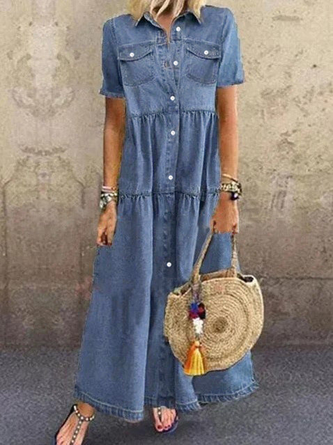 New Women's Solid Color Single-Breasted Denim Dress