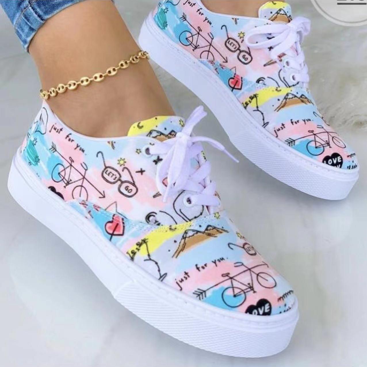 Lace-up Flats Shoes Print Canvas Fashion Walking Sneakers Women