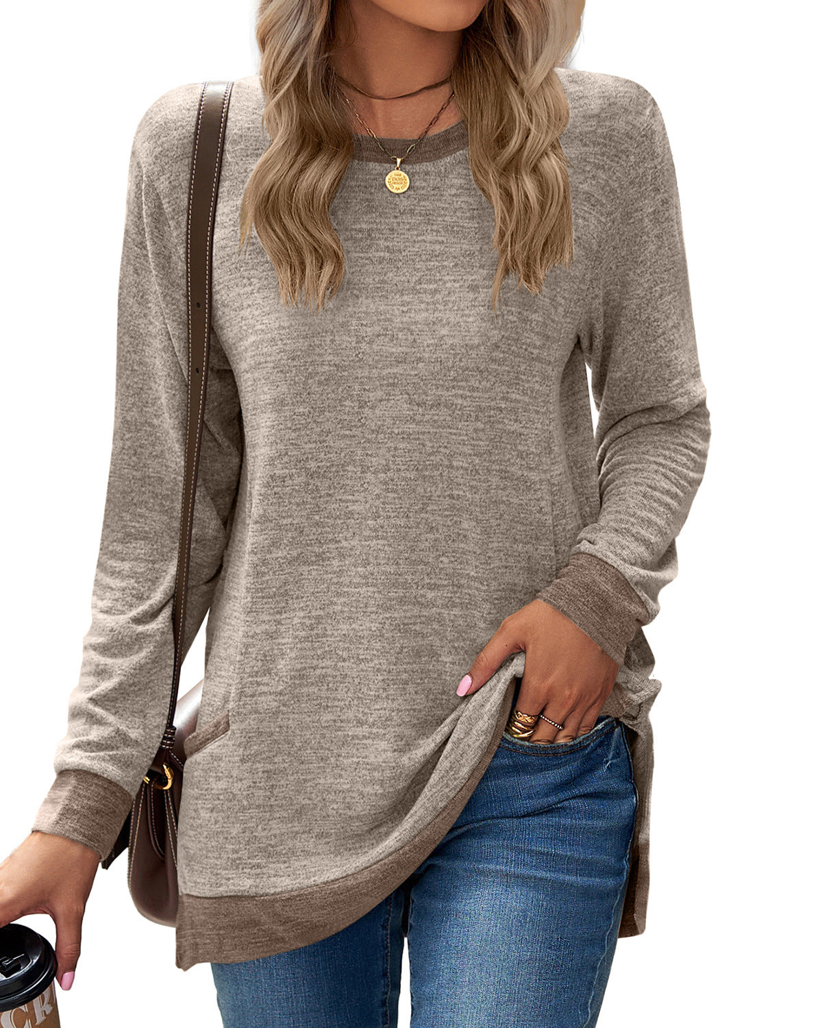 Round Neck Multicolor Pocket Long Sleeve Pullover Top Loose-fitting Casual T-shirt