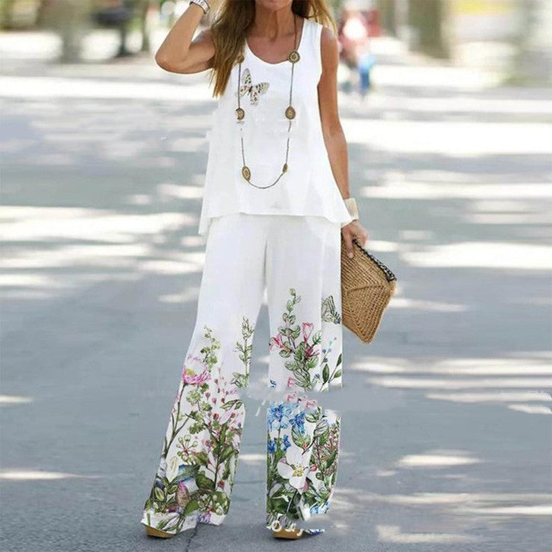 Printed Sleeveless Top And Straight Pants Two-piece Set