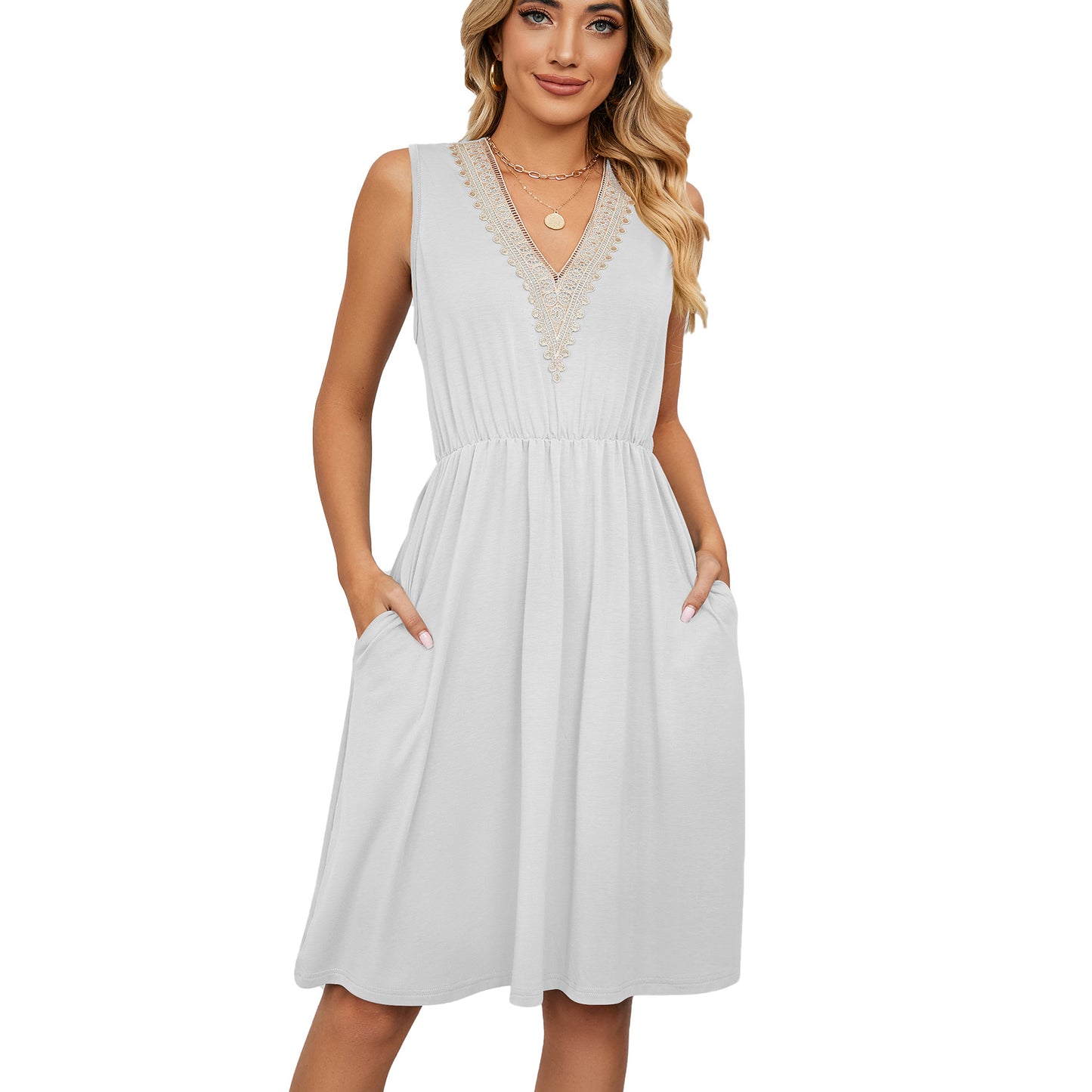 Lace Panel Sleeveless Pocket Waist Dress