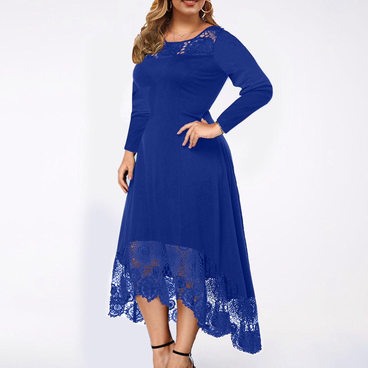 Women's Casual Round Neck Lace Stitching Irregular Hem Long Sleeve Dress