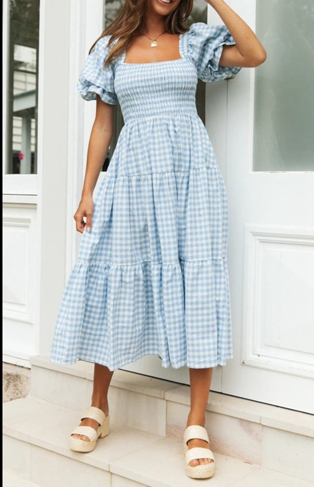 Plaid Dress Square Collar Puff Sleeve High Waist