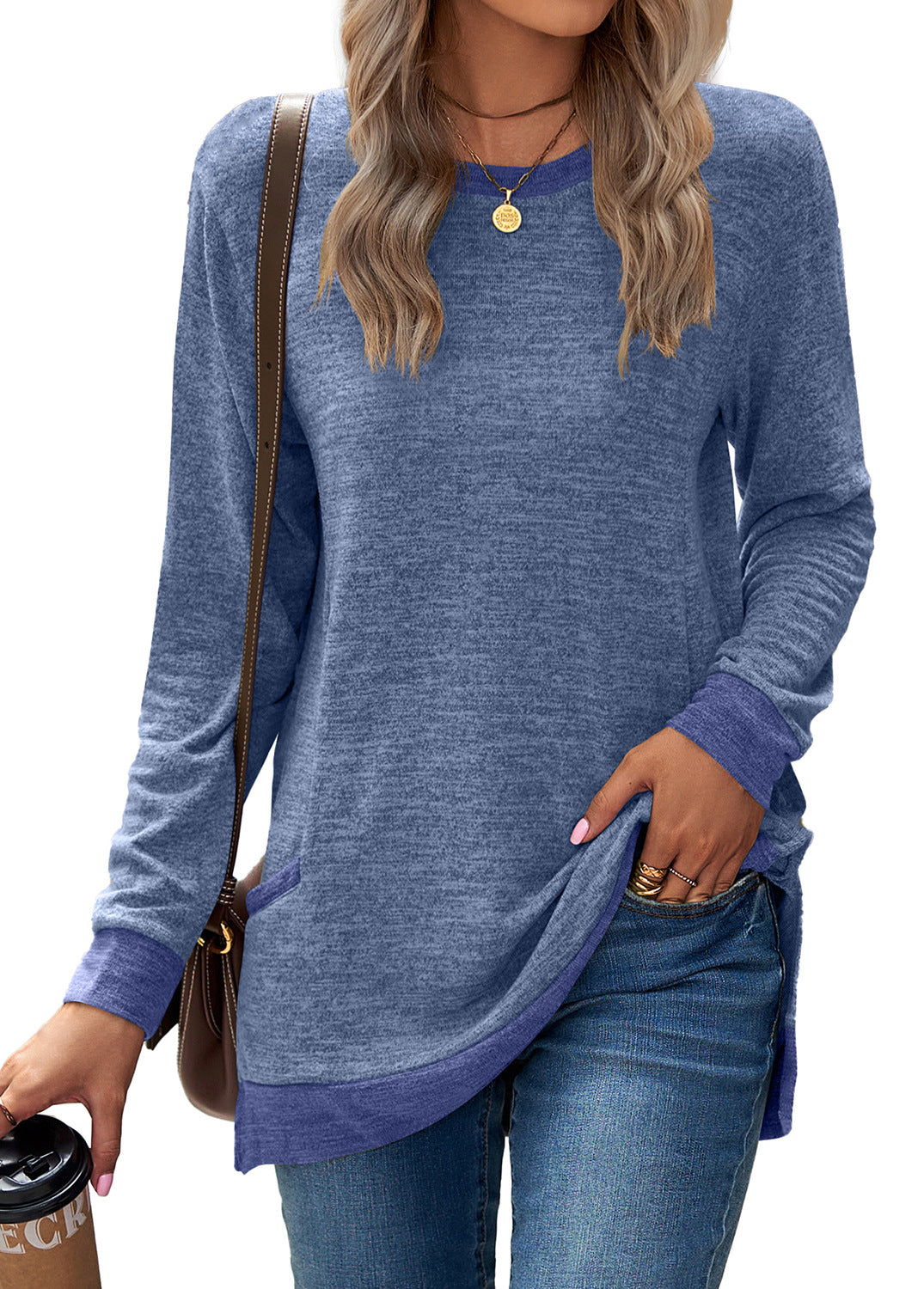 Round Neck Multicolor Pocket Long Sleeve Pullover Top Loose-fitting Casual T-shirt