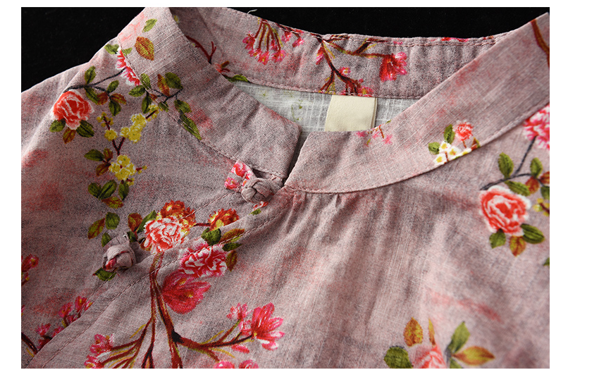 Retro Cotton and Linen Shirt with Stand-Up Collar and Printed Design