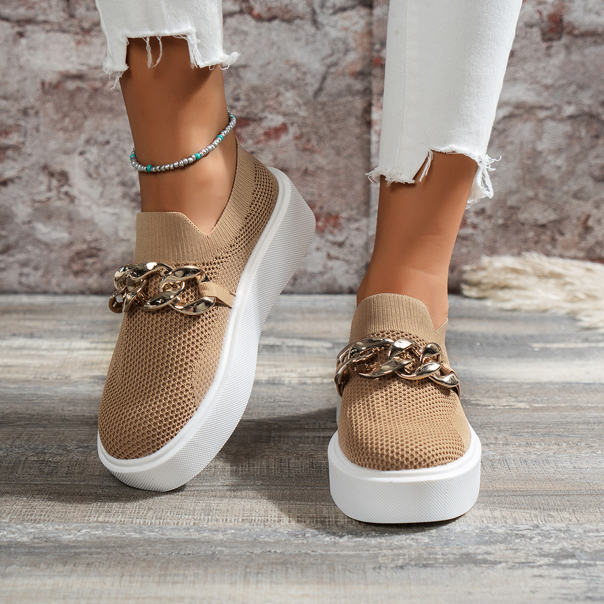 Women's Metal Chain Thick Sole Breathable Fly Knitted Shoes