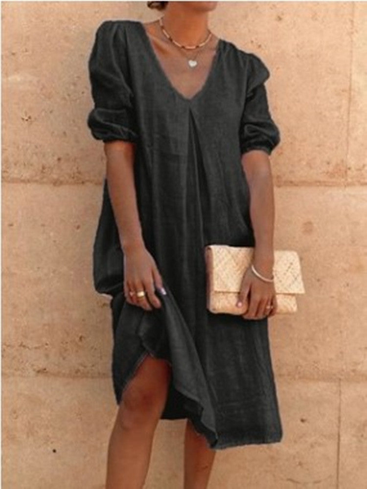 Large Size Loose Solid Color Cotton And Linen V-Neck Short-Sleeved Dress