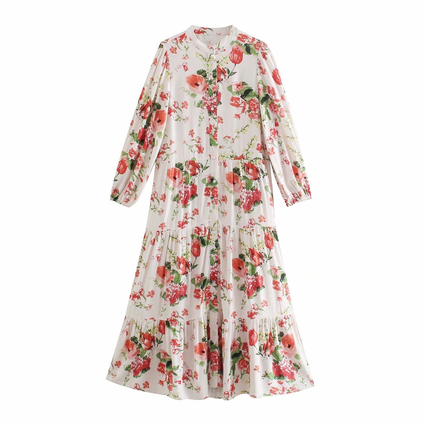 Single-Breasted Dress with Long Sleeves and Floral Print for Women