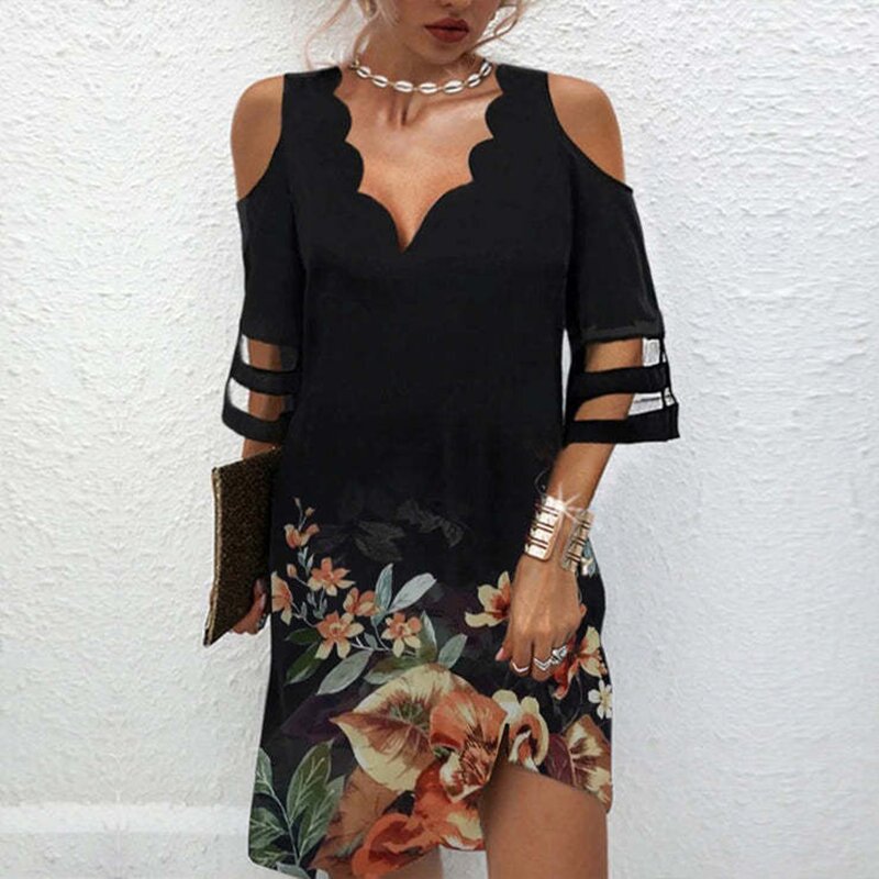 Casual Floral Dress for Women with Short Lace Patchwork Sleeves and Loose Fit