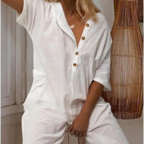 European And American Women's Lapel Cotton Linen Jumpsuit