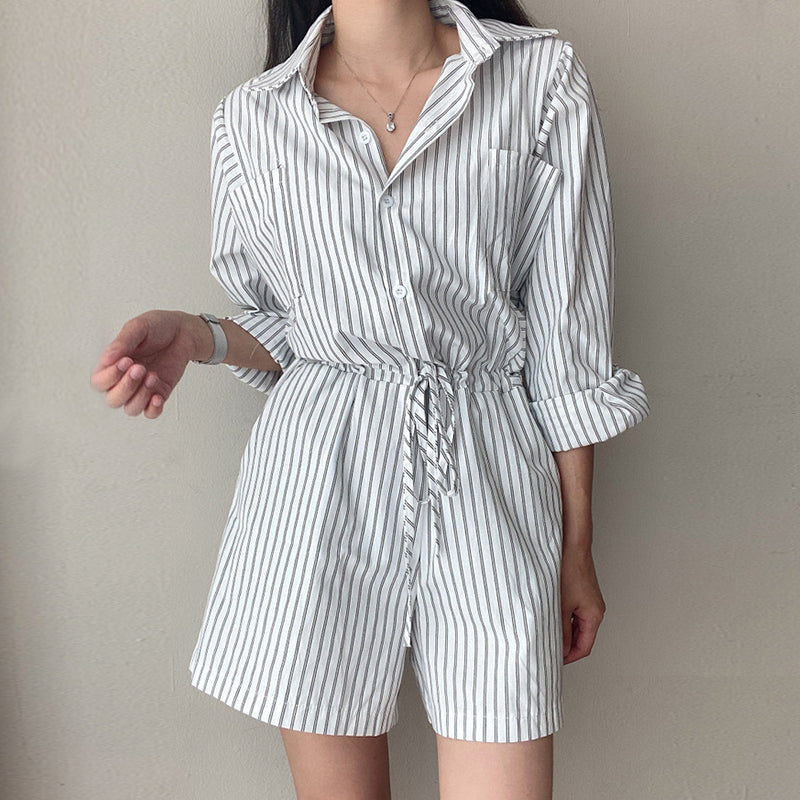 Women's Single Breasted Tie Waist Striped Shirt Style Jumpsuit