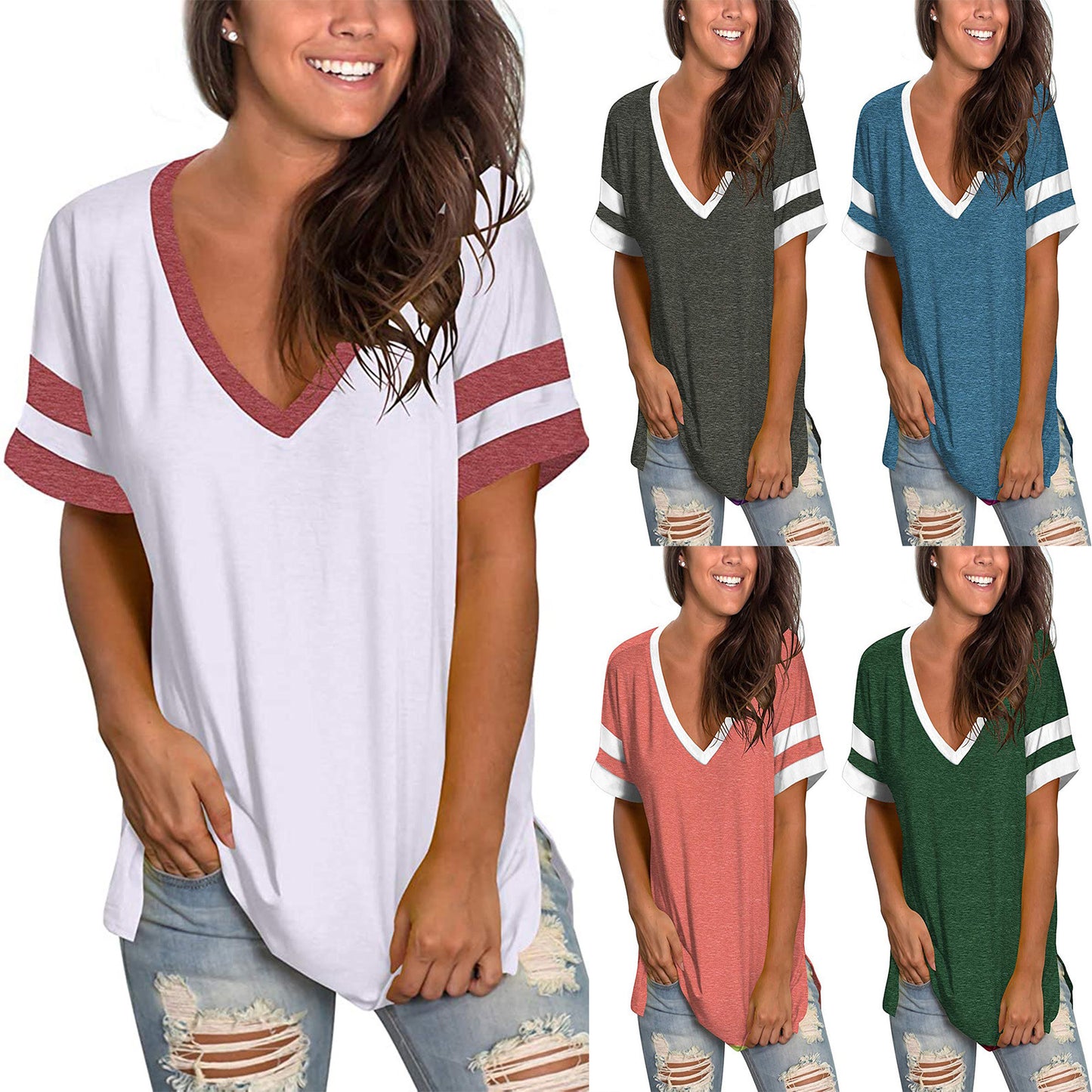 Solid Color V-neck Stitching Short-sleeved Loose T-shirt