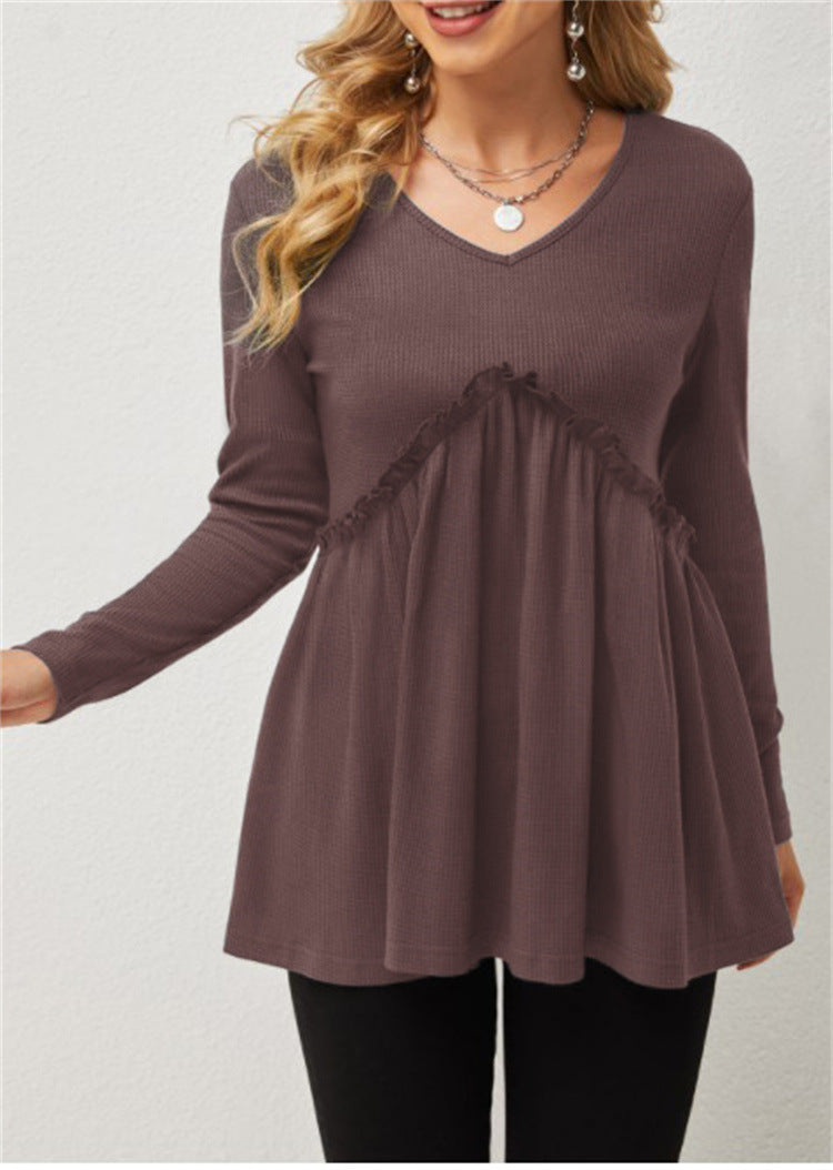 New Loose Ruffled Folded Loose V-neck T-shirt