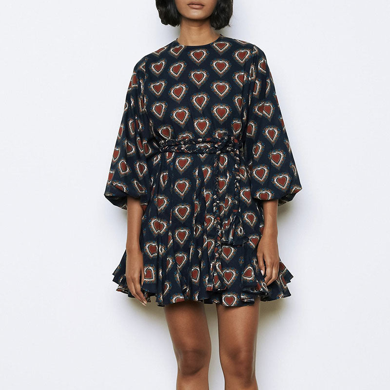 Round Neck Balloon Sleeve Resort Print High Waist Tie Ruffle Dress