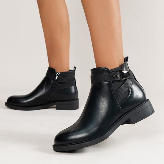 Chelsea Boots Women Black Ankle Boots Side Zipper Buckle Shoes