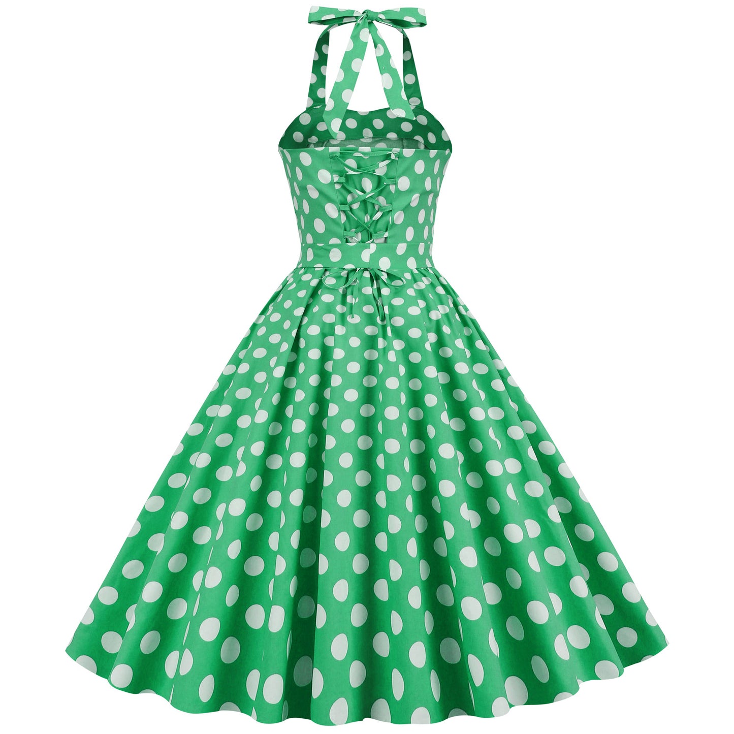 Vintage Polka Dot Halter Dress with Lace-Up Detail and Puff Sleeves