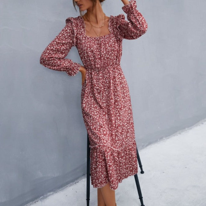 Women's Fashion Long Sleeve Floral Square Neck Dress