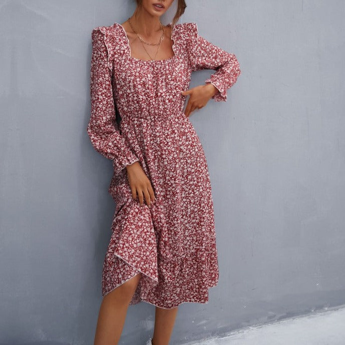 Women's Fashion Long Sleeve Floral Square Neck Dress