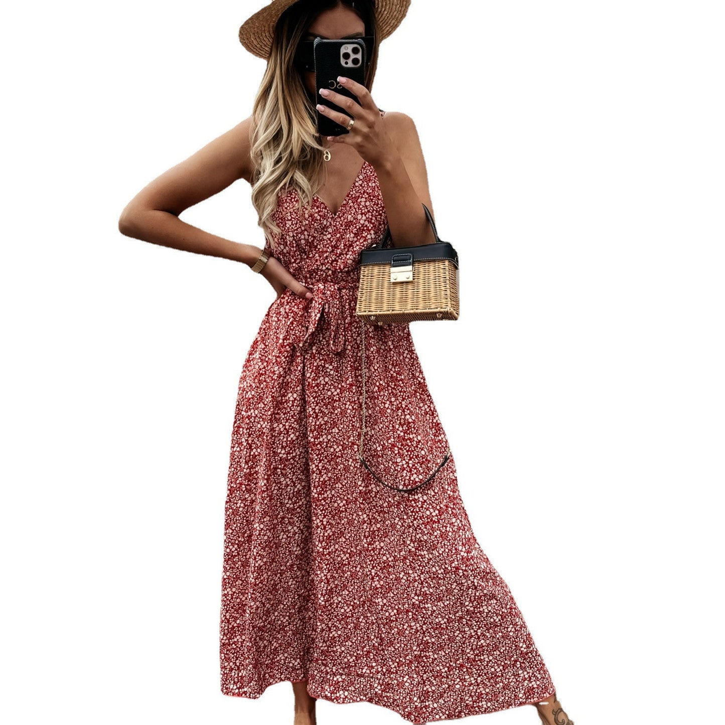 Sexy Floral Sling Dress for Women with Lace-Up Detail and a Long Skirt