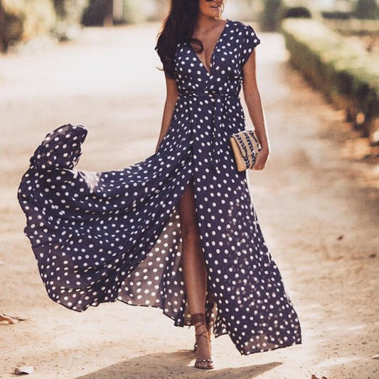 Polka Dot Waist Dress with Deep V-Neck