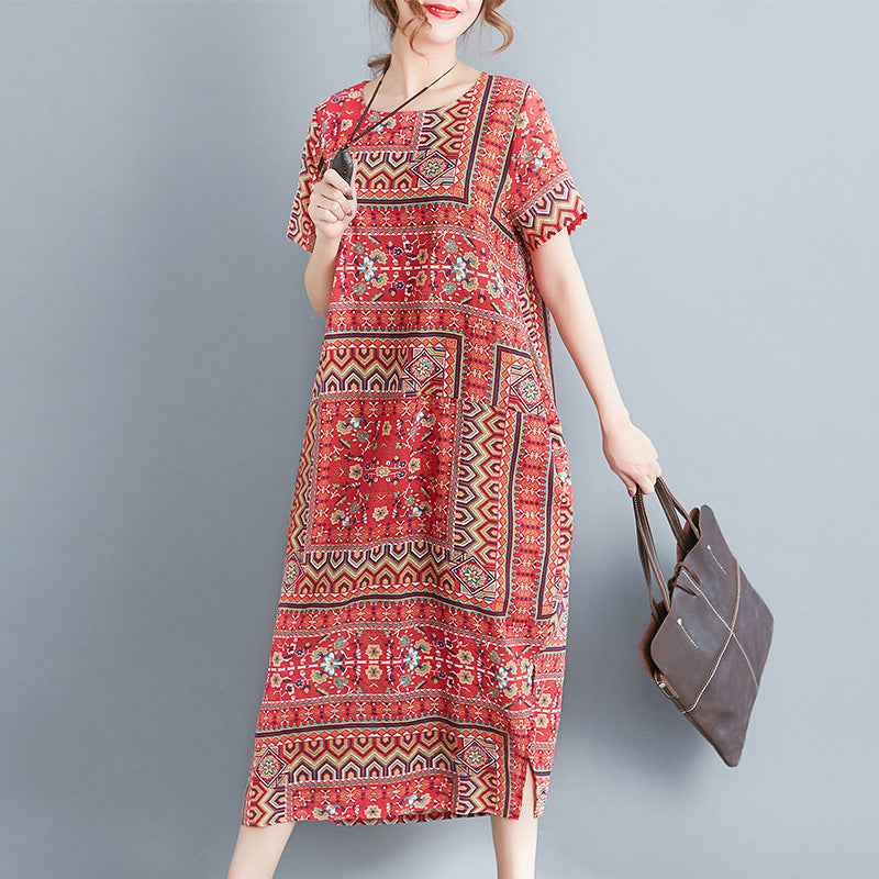 Women's Literary Retro Loose Print Ethnic Style Dress: New Arrival