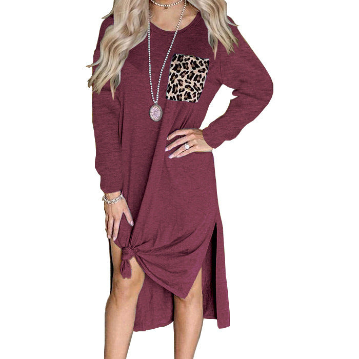 Leopard Print Pocket Slit Dress Long Sleeve Women