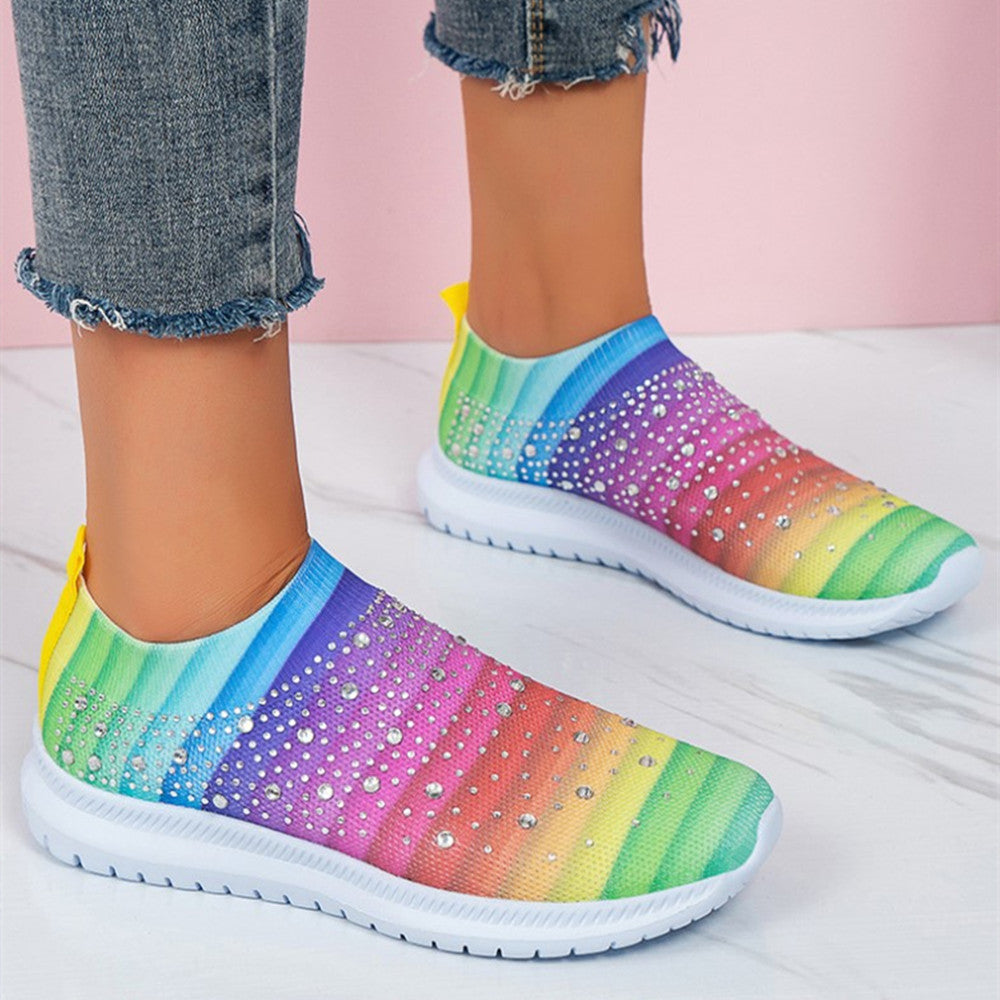 Women's Breathable Fly Knit Casual Shoes With Rhinestones