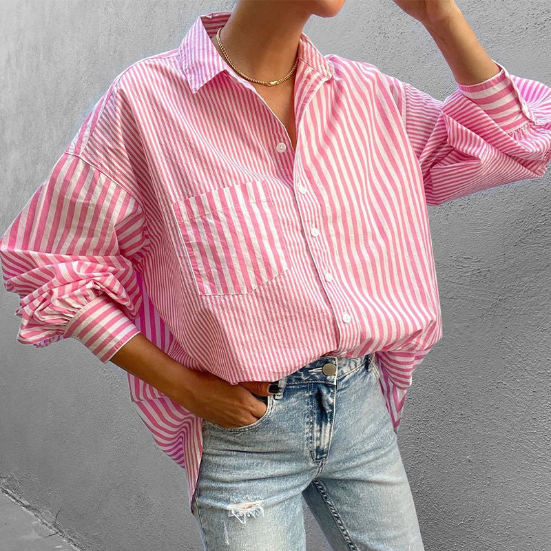 Women's Clothing Fashion Temperament Lapel Loose Long Sleeve Striped Shirt